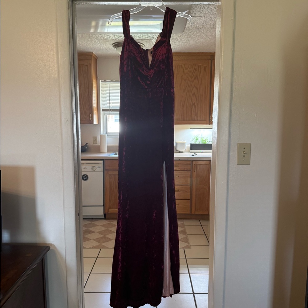Crushed Velvet Burgundy Evening Gown with Side Slit
